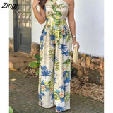 Summer Women Elegant Sexy Leisure Jumpsuit Female V-Neck Vacation Casual Romper Crisscross Halter Tropical Print