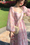 Long Sleeve One Piece Chiffon Dress for Women Fairy Elegnat French Floral Party Midi Dresses Evening Korean 2023