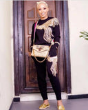Piece Women Set Winter Spring New Arrival Casual Black Sequined O-Neck Beading Sequined Long Sleeve Top And Long Pants