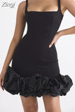 Elegant Women Sleeveless Strap Short Mini Dress Square Neck Low Cut Bodycon Black Ruffles Hem Dress Clubwear