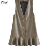 Women Fashion V Neck Solid Color Hem Ruffles PU Leather Mini Shirt Dress Female Sleeveless Buttons Vest Vestidos