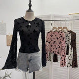 Real Shooting Spice Girl Butterfly Shiny Shiny Mesh Yarn Long-Sleeved T-Shirt Horn Sleeve Short Repair Body Jacket