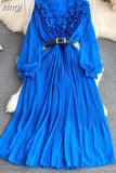 Vintage Women Pleated Long Dress Red/Purple/Yellow V-Neck Ruffle Puff Sleeve Draped A-Line Vestidos Female New