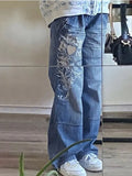 Street Style Irregular Print Slacks Low Waist Pleated Washed For Old Multi-Color Jeans-Outfit