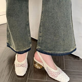 Niche Design Square Head Braided Sandals Women After Air-Quality Crystal Coarse Mesh Yarn Hollow Cool