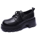 British Style Small Leather Shoes Women Thick Heel Low-Skinny Pine Shoes Spring And Autumn Lace With Lefu Single Shoes Pine Cake Thick