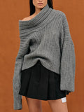 Zingj 2024 New Fashion Trend Irregular One Word Collar Design Sense Loose Casual Sweater Long Sleeved