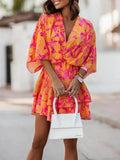 Women V Neck Party Dress Commuter Fashion Print Beach Mini Dress Lady Elegant Lace-up Ruffle Office Dresses Woman