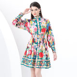Style Dress Woman 2025 New Elegant Dress Collar Lantern Sleeves A-Word Print