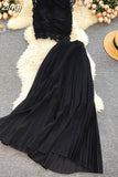 Lace Chiffon Two Piece Set Women Vintage Beach Party Sleeveless Short Tops Pleated Long Skirt Female 2pcs