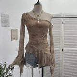 Tie Net Yarn Oblique Shoulder Babes Sexy Body-On-Sleeve Horn Irregular Top