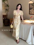 Xixi 13 Lines 2025 Summer New Elegant Temperament Printing Pure Desire High-Waist Short-Sleeved Dress