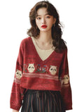 Cartoon Embroidery V-Neck Knitted Sweater Women's Autumn And Winter Lazy Wind Loose Leisure Holiday Two Age Reduction