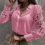 Sexy Lace Hollow Out Women Blouse Streetwear 2023 Autumn Black Button Up Shirts Green Top Long Sleeve Mesh Design
