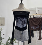 Shooting Maillard Wasteland Wind Word Shoulder Long-Sleeved Top Print Spliced Knitted Horn Sleeve Short T-Shirt