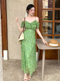 Xixi 2025 Summer New High-Waisted Print Temperament Shoulder Lotus Leaf Side Dress High-End Dress