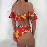 2025 New Split Swimsuit One-Word Shoulder Lotus Side Sunflower Print High-Waist Sexy Bikini