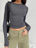 Solid Color Long Sleeve Stretch Basic Crop
