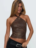 Retro Brown Leather Ring Decoration Hanging Neck Vest Sexy Back Strap Strap Short
