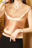 Blouse Women Fashion Womens Tops and Blouses Silk Shirts for Women V-neck Lace Elegant Tank Tops Sleeveless Woman