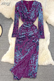 Printed Bodycon Party Dress Women Vintage V-Neck Long Sleeve High Waist Elegant Sheath Vestidos Spring Autumn