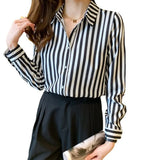Women's Shirt 2023 Black and White Striped Tops for Women Versatile Polo Neck Clothing Long Sleeve Woman Basic Shirts
