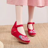 Zingj Heels Single Shoes Beef Tendon Bottom Spring And Autumn Style A Word Buckle Buckle Embroidered Cloth Shoes Slope Heel Women's