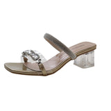 Zingj Word Rhinestone Transparent Cool Slippers Female Summer Outside Wear 2024 New Temperament Fairy High Heels Square Head Thick Heel Sandals-Outfit
