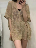 Zingj V-Collar Hollowed-Out Short-Sleeved Sweater Women's Wear Thin Style Design Unique Chic Loose