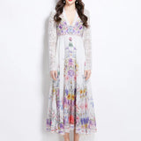 Holiday Style Dress Women's Spring Court Deep V-Neck Lace Horn Sleeve Single Buckle Print