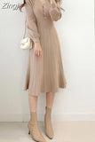 One Piece Korean Pleated Dress Long Sleeve Slim Woman Sweater Dresses Knitted Elegant Midi Party Woman Dress Autumn