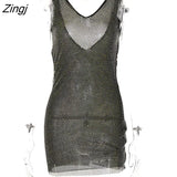 Double Layer Diamonds Shiny Women Dress Black Sexy Backless V Neck Party Dresses Female Spring Loose Elegant