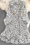 Women Floral Pleated Dress Elegant Bow Collar Flare Long Sleeve High Waist A-Line Ruffle Draped Vestidos Female Robe