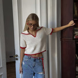Summer New Knitted Hollow Navy Round Five-Sleeve Polo Shirt Front Shoulder Women Short Loose