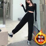Waisted Pants Women Harajuku 3XL Thicker Autumn Workout Chic Ladies Trousers All-match Simple Basic Gray New Design