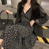 Women Sexy Black Lace Floral Mid-calf Lady Sundress Elegant Holiday Party Sleeveless French Summer Thin Fairy Trendy