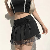 Harajuku Gothic Dark Academia Lace Trim Pleated Skirt Vintage Tie Up High Waist Skirt Mini Woman Goth Skirts