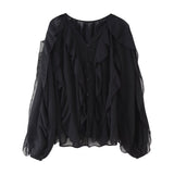 Women's V-Neck Folding Trim Shirt Long-Sleeved Top Loose