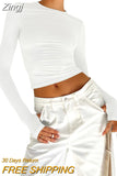 Women Spring Fall Casual Slim Fit Basic Crop Tops Solid Color Long Sleeve Crew Neck Pullover Tight Tee Shirts