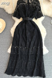 Women Vintage Purple/Red/White Hollow Lace Party Maxi Dress Female Elegant Round Neck Short Sleeve Slim Robe New