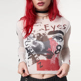 Spring 2024 New Round Collar Collar Long-Sleeved Mesh Printing Umbilical Casual Women's