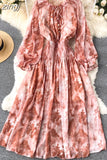Women Blue/Red/Black Printed Party Dress Bohemian Puff Long Sleeve High Waist Ruffle Collar Midi Robe Female Vestidos