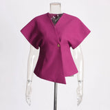 Commuter Wind 2025 New V Neck Short Sleeve Waist A Button Door Skirt Asymmetric Thin Pure Color Vest