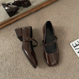 Mary Jane Small Leather Shoes Spring And Spring 2025 New Wine Red Buckle With Square Head Thick Heel French Single