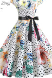 Short Sleeve Polka Dot Dress Women Elegant Work Office Casual Print A-Line Vintage Dress Big Swing Rockabilly