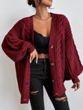 V-Neck Solid-Colored Open-Shirt Autumn And Winter Lazy Lantern Sleeve Loose Single-Caught Sweater Coat