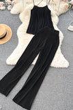 Women Pleated Set Sexy Spaghetti Strap Camis Tops + High Waist Wide Leg Loose Pants Casual Red/Yellow/Brown Suits