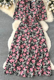 Women Floral Long Dress Elegant Square Collar Short Sleeve High Waist A-Line Casual Vestidos Female Robe New Fashion