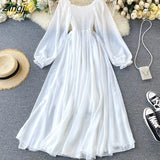 White Fairy Chiffon Dress Summer Sexy Off Shoulder Maxi Dress Puff Sleeve Beach Party Dress Vintage Boho Ladies