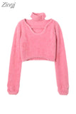 Out Long Sleeve Pink Crop Top Female Clothing Casual Pullover Sexy Sweater Women Corset Clothes Aesthetic Y2k Top